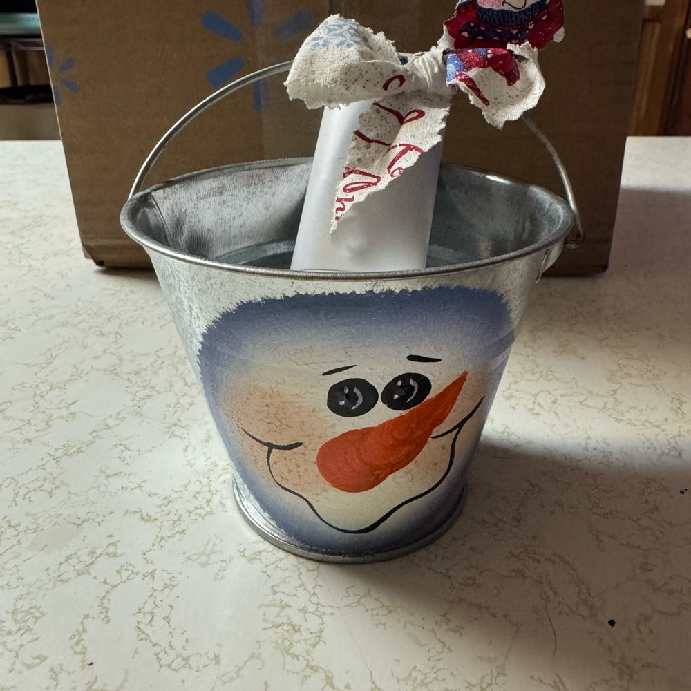 Snowman Metal Bucket with Handle